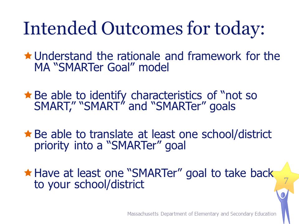 7 Intended Outcomes for today:  Understand the rationale and framework for the MA SMARTer Goal model  Be able to identify characteristics of not so SMART, SMART and SMARTer goals  Be able to translate at least one school/district priority into a SMARTer goal  Have at least one SMARTer goal to take back to your school/district 7 Massachusetts Department of Elementary and Secondary Education