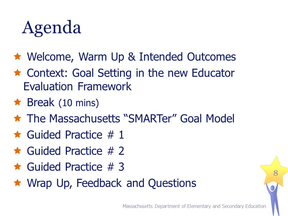 88 Agenda  Welcome, Warm Up & Intended Outcomes  Context: Goal Setting in the new Educator Evaluation Framework  Break (10 mins)  The Massachusetts SMARTer Goal Model  Guided Practice # 1  Guided Practice # 2  Guided Practice # 3  Wrap Up, Feedback and Questions Massachusetts Department of Elementary and Secondary Education