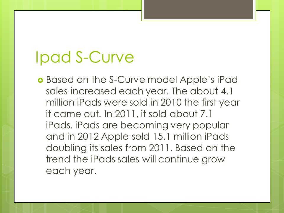 Ipad S-Curve  Based on the S-Curve model Apple’s iPad sales increased each year.