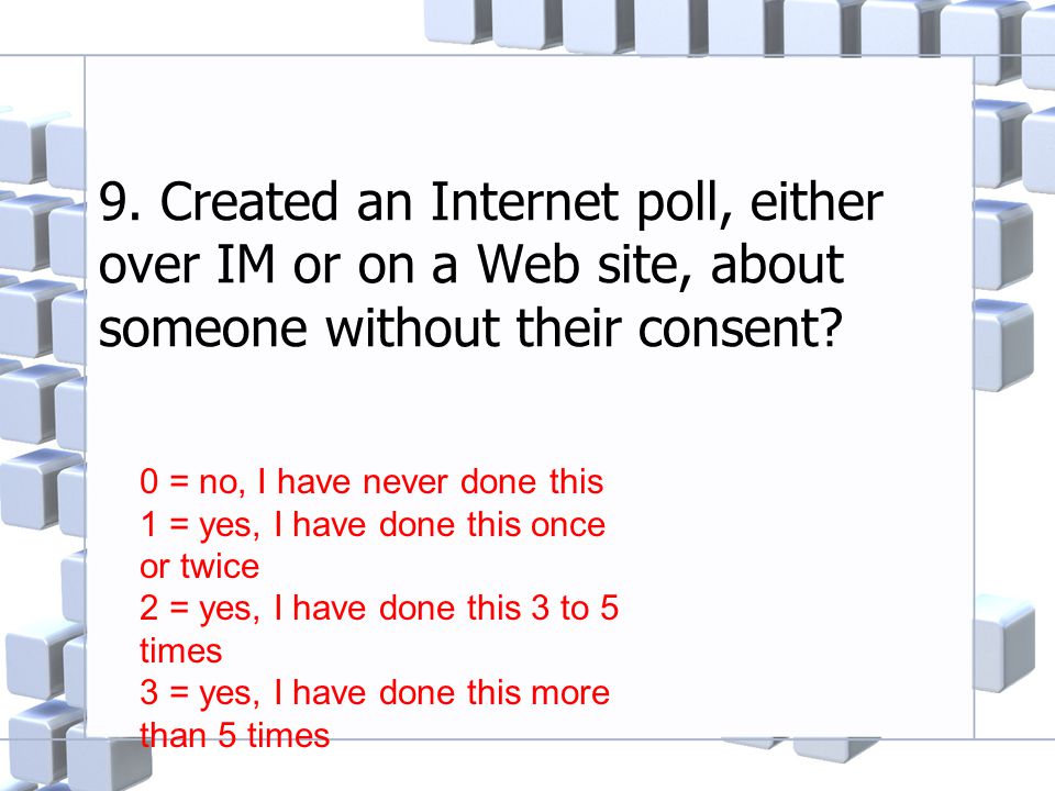 9. Created an Internet poll, either over IM or on a Web site, about someone without their consent.
