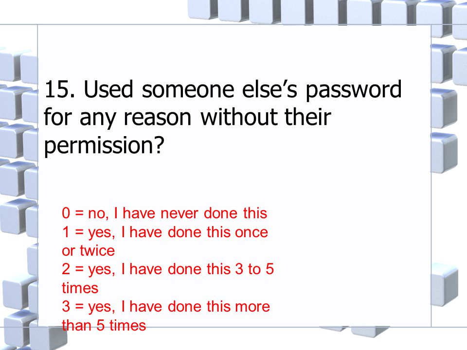 15. Used someone else’s password for any reason without their permission.