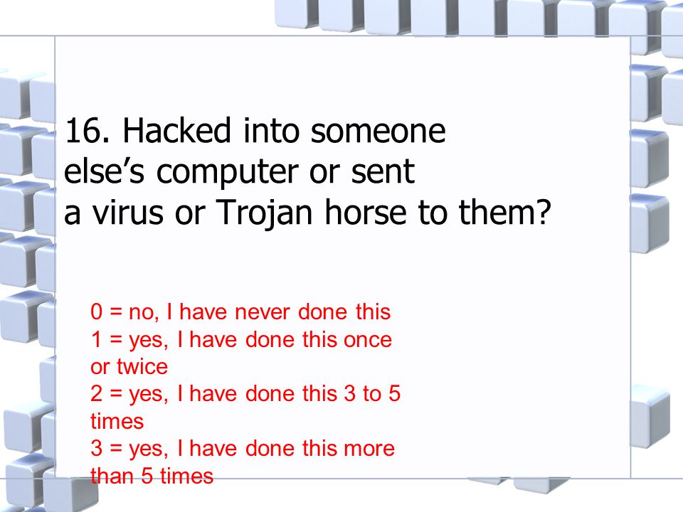 16. Hacked into someone else’s computer or sent a virus or Trojan horse to them.