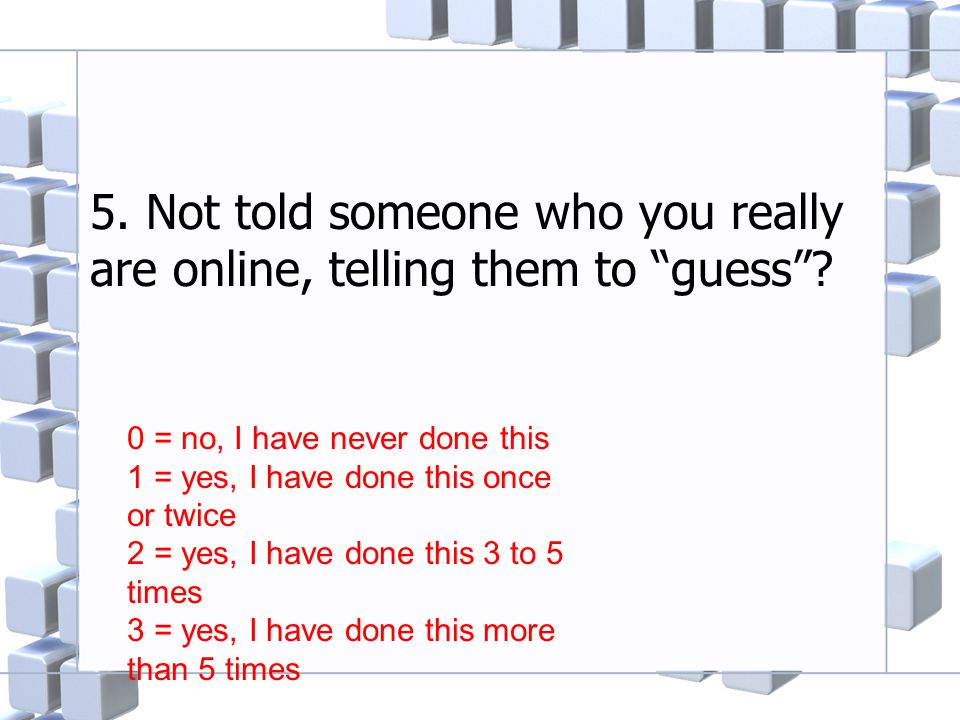 5. Not told someone who you really are online, telling them to guess .