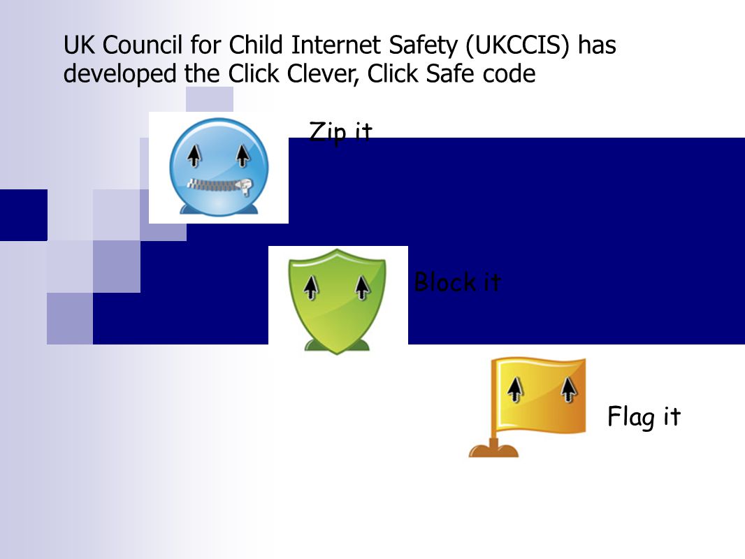 Zip it Block it Flag it UK Council for Child Internet Safety (UKCCIS) has developed the Click Clever, Click Safe code