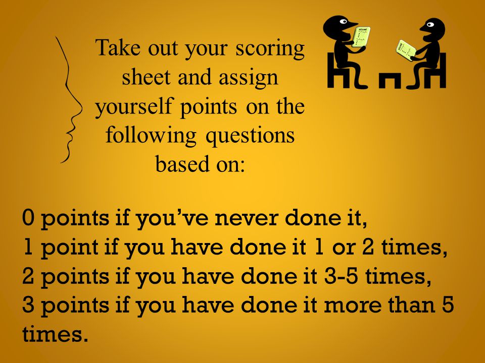 Take out your scoring sheet and assign yourself points on the following questions based on: 0 points if you’ve never done it, 1 point if you have done it 1 or 2 times, 2 points if you have done it 3-5 times, 3 points if you have done it more than 5 times.