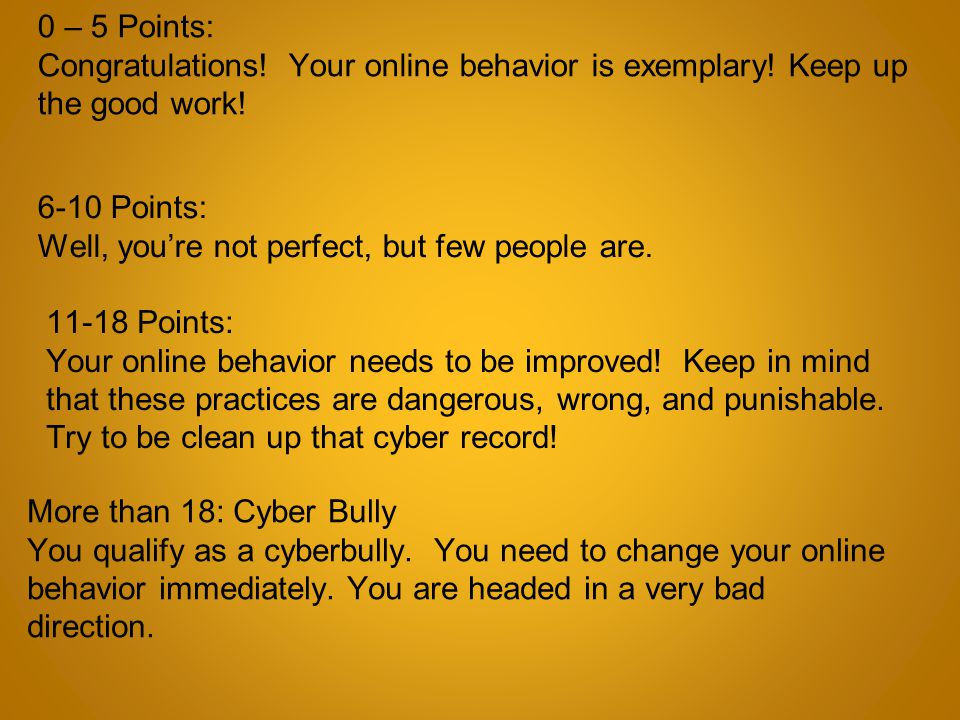 0 – 5 Points: Congratulations. Your online behavior is exemplary.