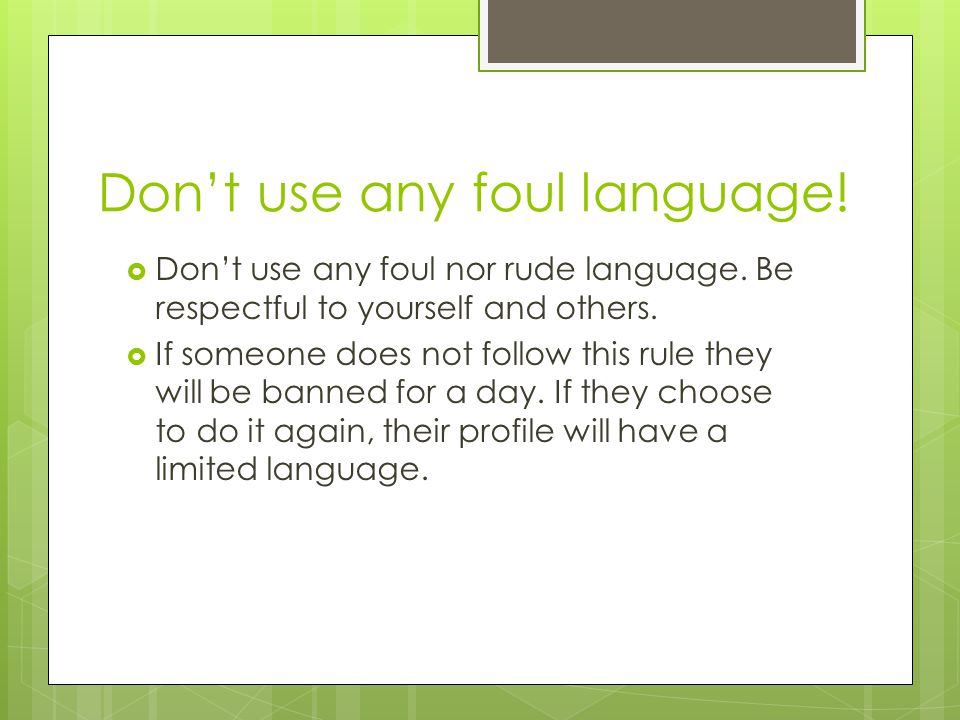 Don’t use any foul language.  Don’t use any foul nor rude language.