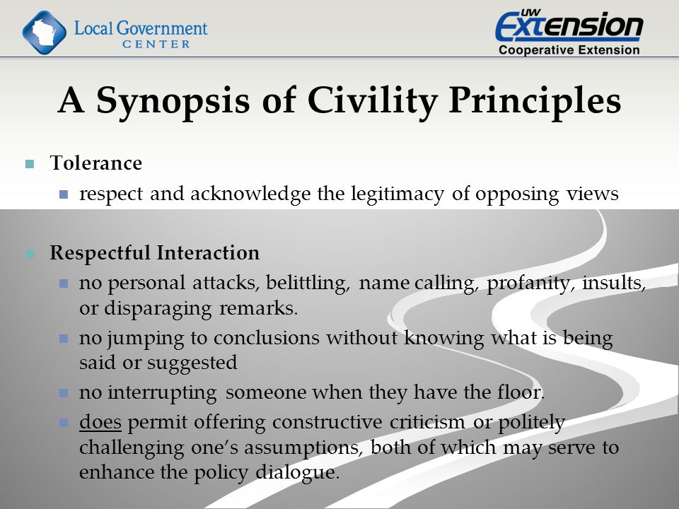 A Synopsis of Civility Principles Tolerance respect and acknowledge the legitimacy of opposing views Respectful Interaction no personal attacks, belittling, name calling, profanity, insults, or disparaging remarks.