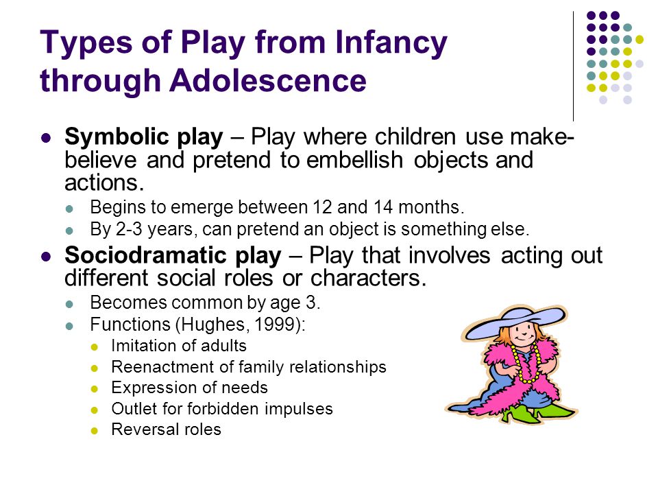 Types of Play from Infancy through Adolescence Symbolic play – Play where children use make- believe and pretend to embellish objects and actions.