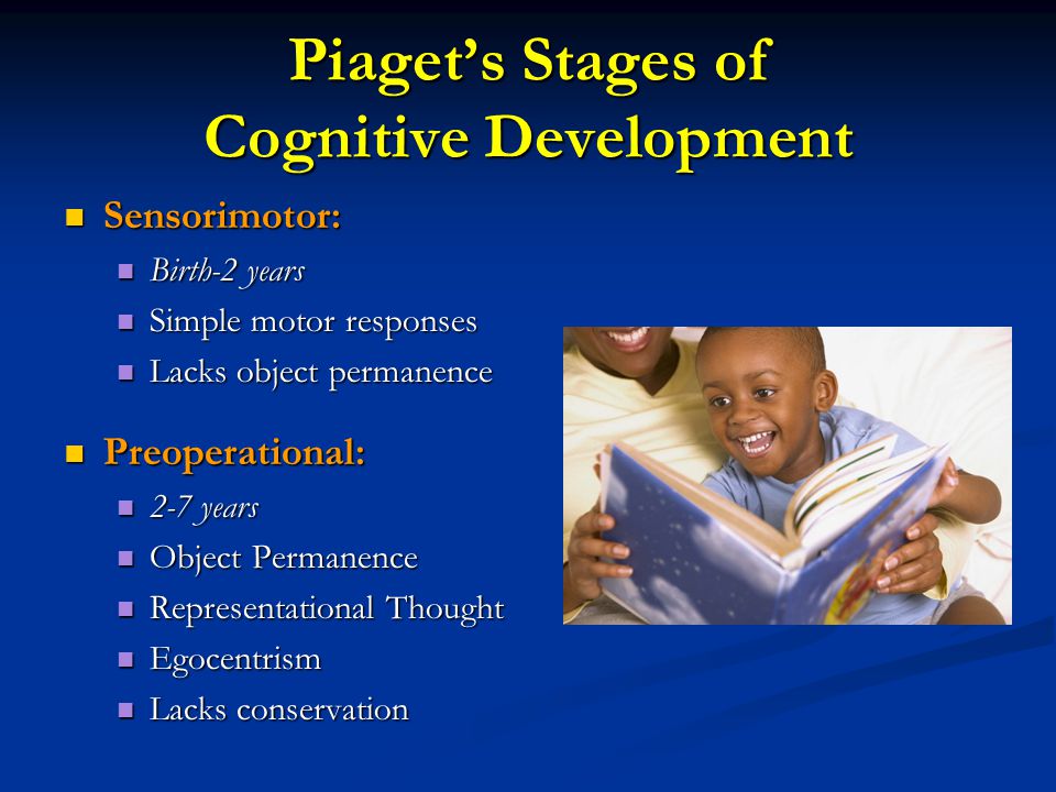 Piaget’s Stages of Cognitive Development Sensorimotor: Sensorimotor: Birth-2 years Birth-2 years Simple motor responses Simple motor responses Lacks object permanence Lacks object permanence Preoperational: Preoperational: 2-7 years 2-7 years Object Permanence Object Permanence Representational Thought Representational Thought Egocentrism Egocentrism Lacks conservation Lacks conservation