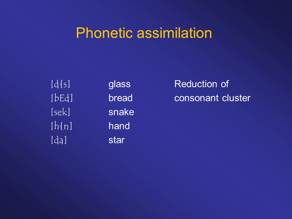 Phonetic assimilation [d{s]glass [bEd]bread [sek]snake [h{n]hand [da]star Reduction of consonant cluster
