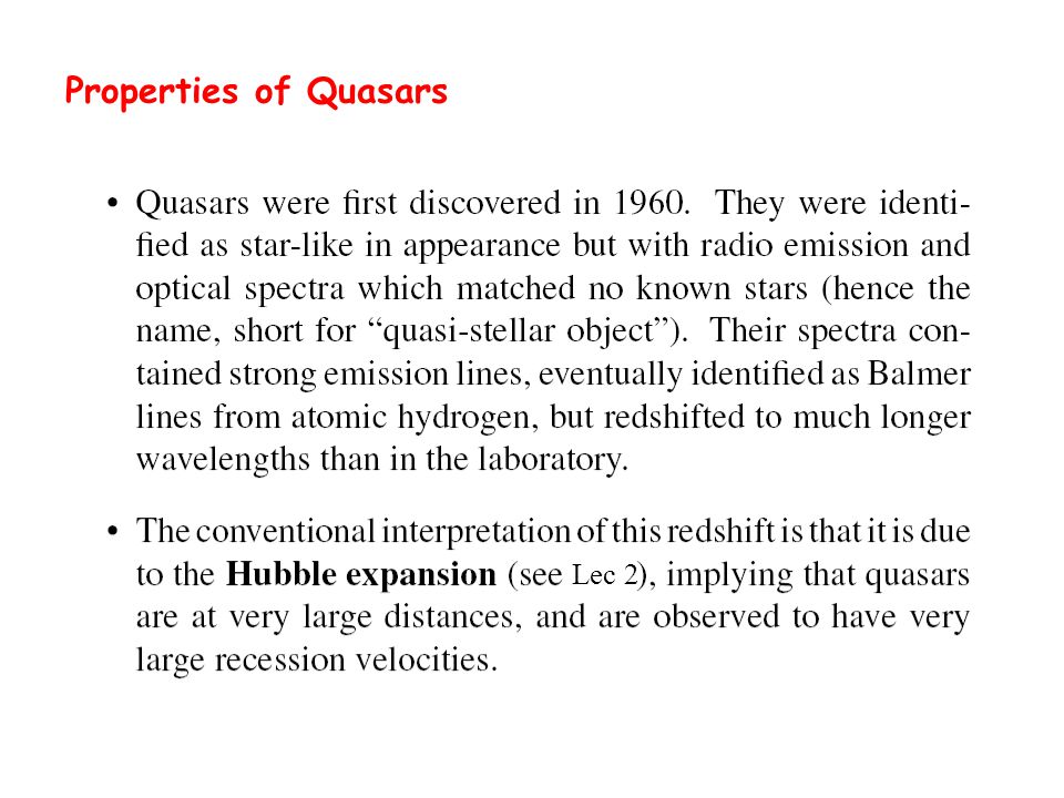 Properties of Quasars Lec 2