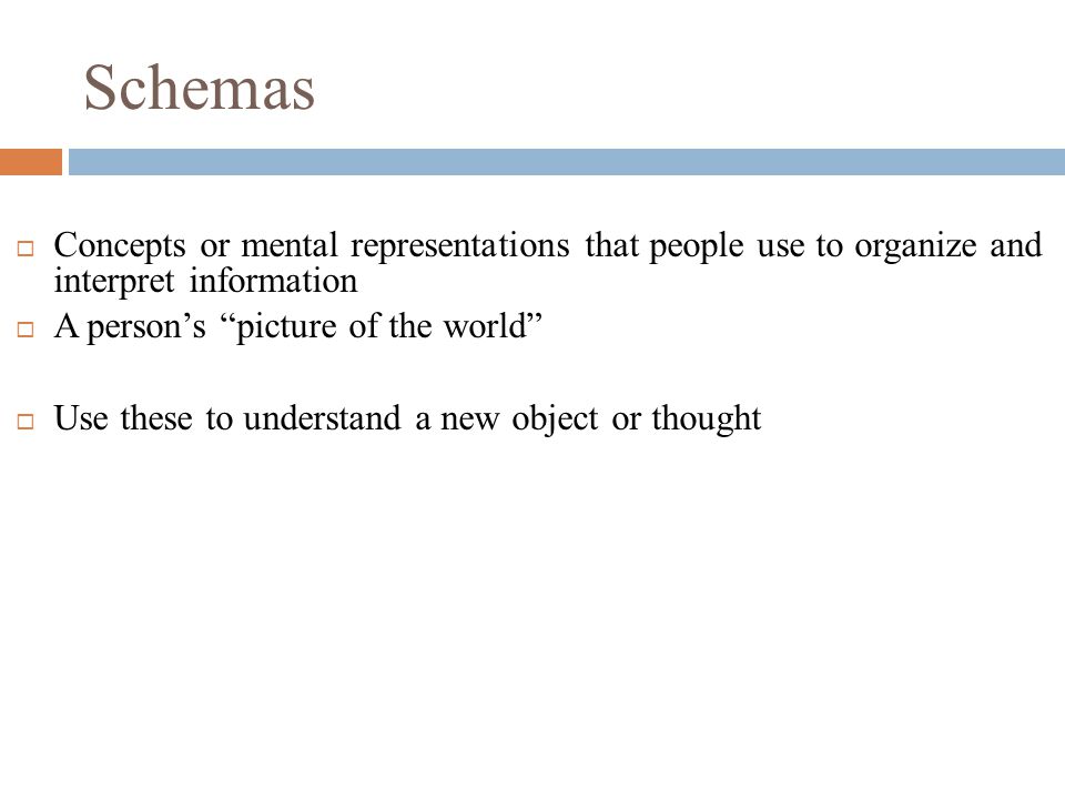 Schemas  Concepts or mental representations that people use to organize and interpret information  A person’s picture of the world  Use these to understand a new object or thought