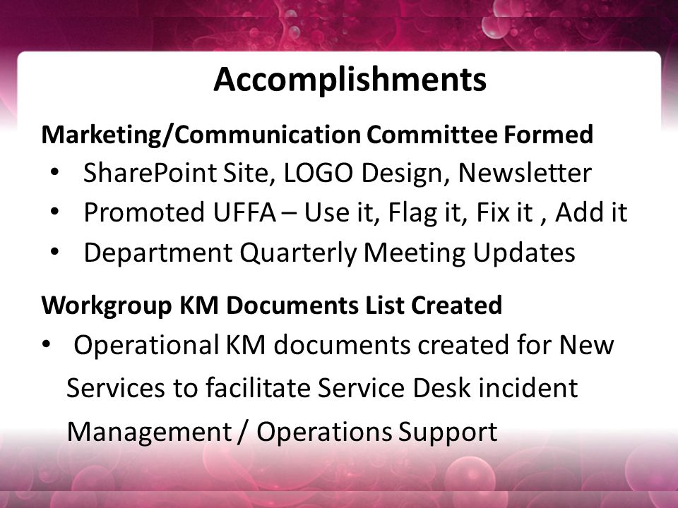 Accomplishments Marketing/Communication Committee Formed SharePoint Site, LOGO Design, Newsletter Promoted UFFA – Use it, Flag it, Fix it, Add it Department Quarterly Meeting Updates Workgroup KM Documents List Created Operational KM documents created for New Services to facilitate Service Desk incident Management / Operations Support