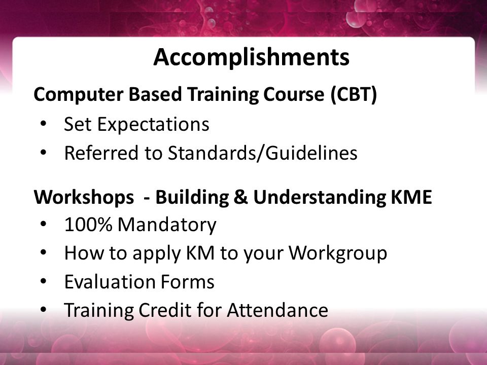 Accomplishments Computer Based Training Course (CBT) Set Expectations Referred to Standards/Guidelines Workshops - Building & Understanding KME 100% Mandatory How to apply KM to your Workgroup Evaluation Forms Training Credit for Attendance