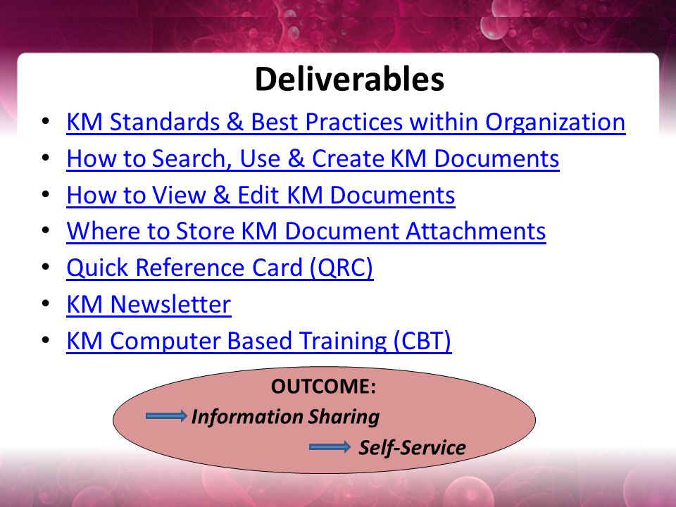 Deliverables KM Standards & Best Practices within Organization How to Search, Use & Create KM Documents How to View & Edit KM Documents Where to Store KM Document Attachments Quick Reference Card (QRC) KM Newsletter KM Computer Based Training (CBT) OUTCOME: Information Sharing Self-Service