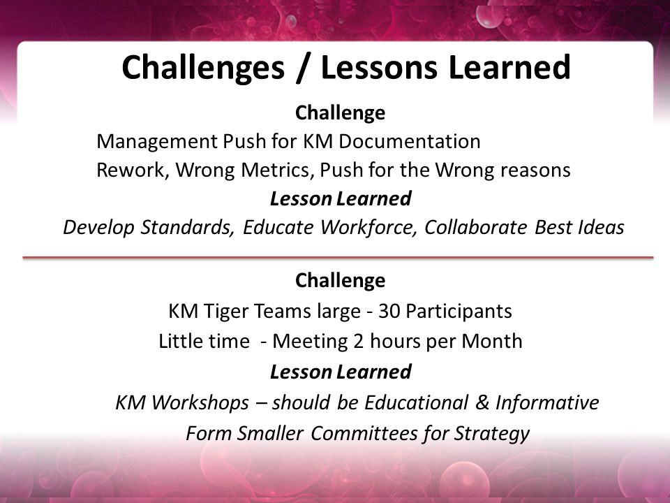 Challenges / Lessons Learned Challenge KM Tiger Teams large - 30 Participants Little time - Meeting 2 hours per Month Lesson Learned KM Workshops – should be Educational & Informative Form Smaller Committees for Strategy Challenge Management Push for KM Documentation Rework, Wrong Metrics, Push for the Wrong reasons Lesson Learned Develop Standards, Educate Workforce, Collaborate Best Ideas