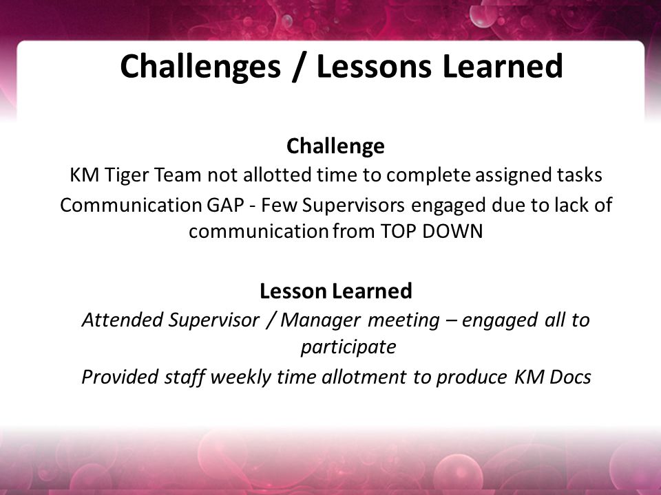 Challenges / Lessons Learned Challenge KM Tiger Team not allotted time to complete assigned tasks Communication GAP - Few Supervisors engaged due to lack of communication from TOP DOWN Lesson Learned Attended Supervisor / Manager meeting – engaged all to participate Provided staff weekly time allotment to produce KM Docs