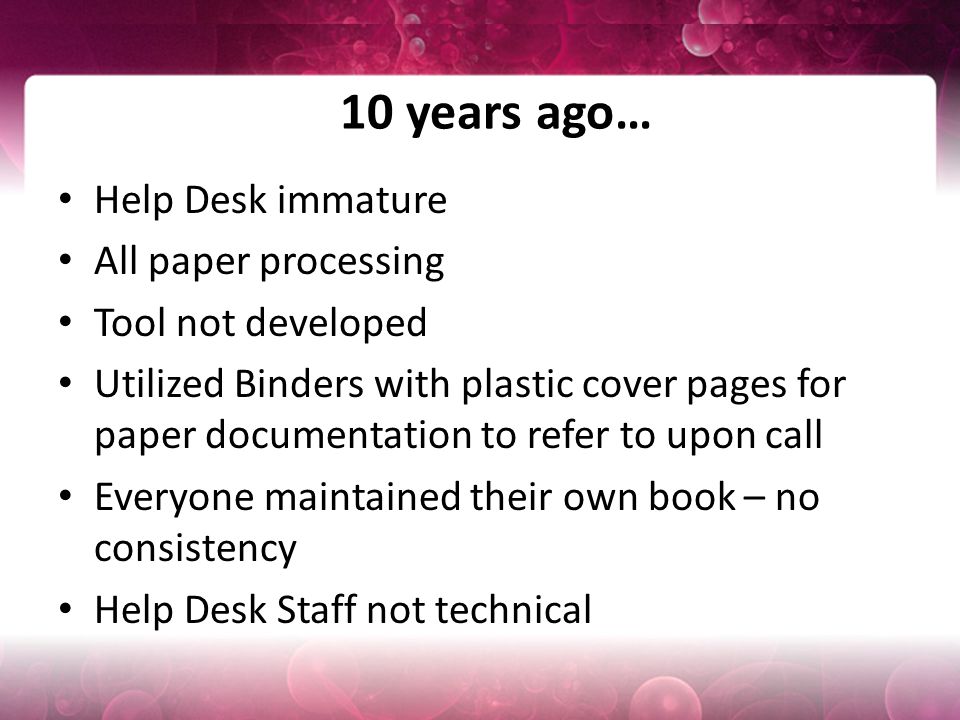 10 years ago… Help Desk immature All paper processing Tool not developed Utilized Binders with plastic cover pages for paper documentation to refer to upon call Everyone maintained their own book – no consistency Help Desk Staff not technical