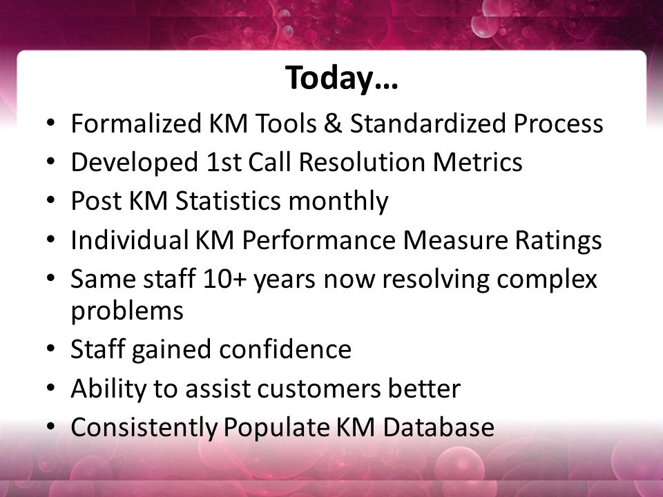 Today… Formalized KM Tools & Standardized Process Developed 1st Call Resolution Metrics Post KM Statistics monthly Individual KM Performance Measure Ratings Same staff 10+ years now resolving complex problems Staff gained confidence Ability to assist customers better Consistently Populate KM Database