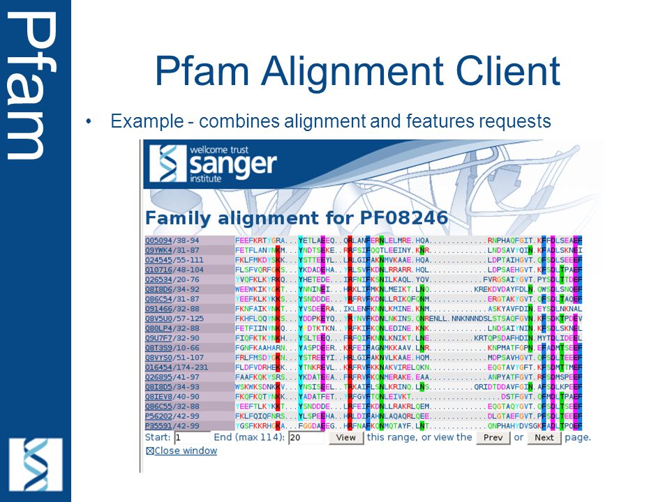 Pfam Pfam Alignment Client Example - combines alignment and features requests