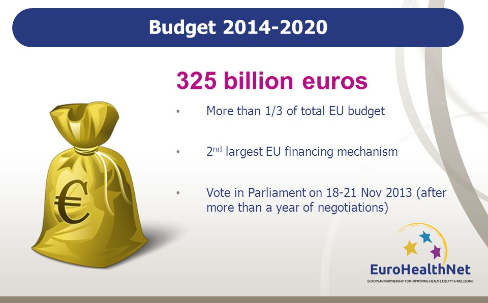 Budget billion euros More than 1/3 of total EU budget 2 nd largest EU financing mechanism Vote in Parliament on Nov 2013 (after more than a year of negotiations)