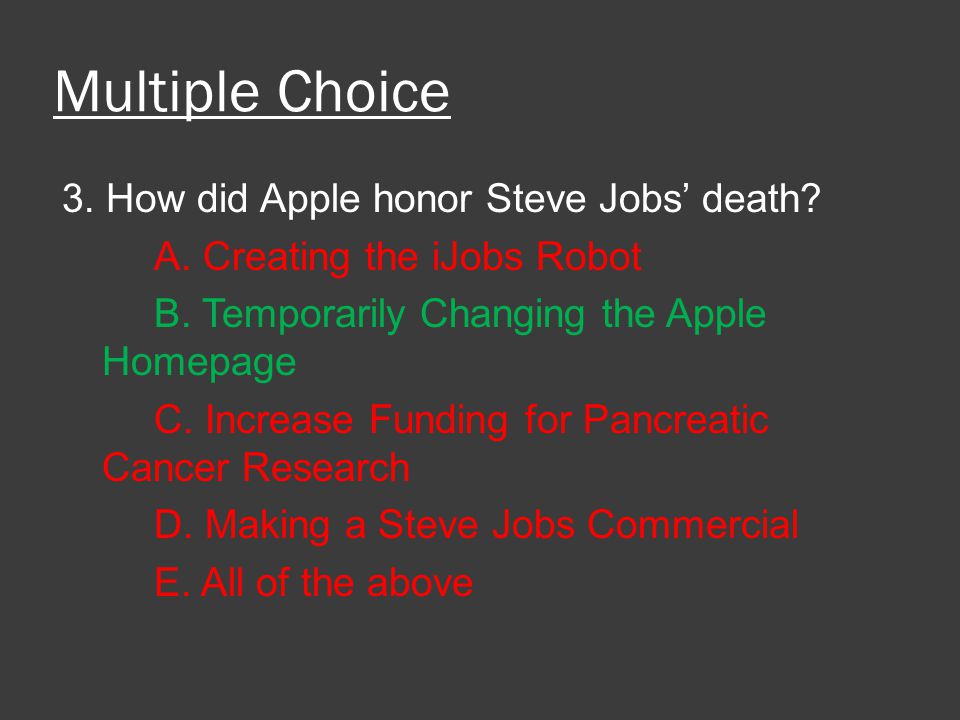 Multiple Choice 3. How did Apple honor Steve Jobs’ death.