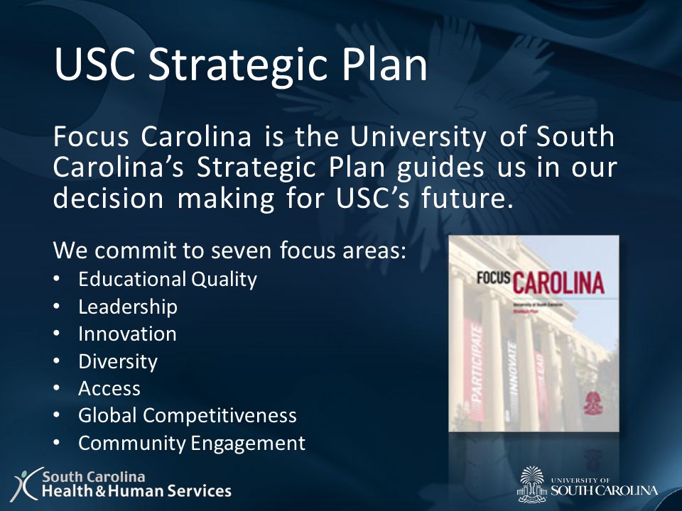 USC Strategic Plan Focus Carolina is the University of South Carolina’s Strategic Plan guides us in our decision making for USC’s future.