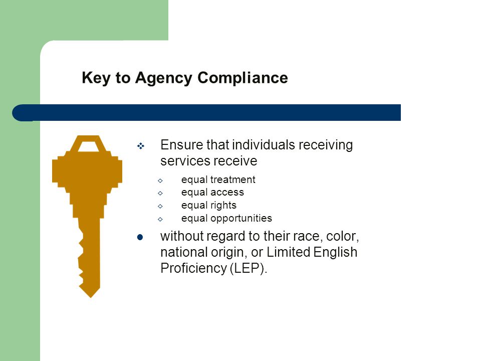 Key to Agency Compliance  Ensure that individuals receiving services receive ◊ equal treatment ◊ equal access ◊ equal rights ◊ equal opportunities without regard to their race, color, national origin, or Limited English Proficiency (LEP).