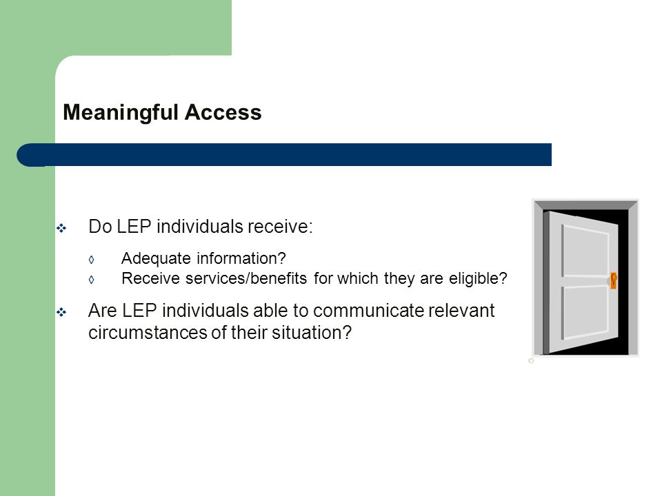 Meaningful Access  Do LEP individuals receive: ◊ Adequate information.