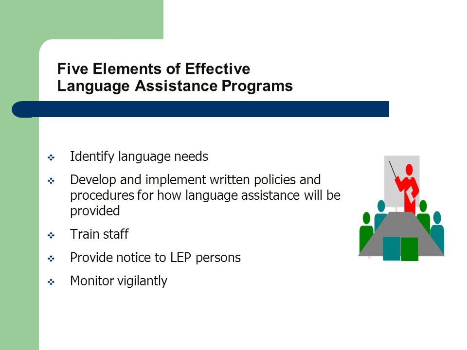 Five Elements of Effective Language Assistance Programs  Identify language needs  Develop and implement written policies and procedures for how language assistance will be provided  Train staff  Provide notice to LEP persons  Monitor vigilantly