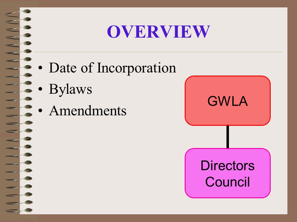 OVERVIEW Date of Incorporation Bylaws Amendments GWLA Directors Council
