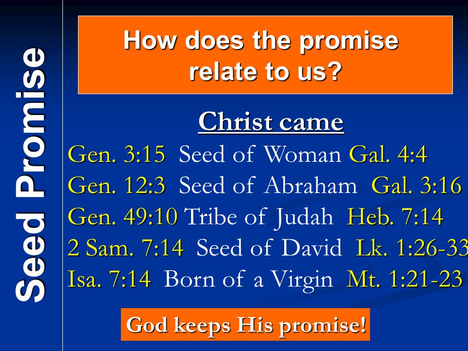Seed Promise How does the promise relate to us. Christ came Gen.
