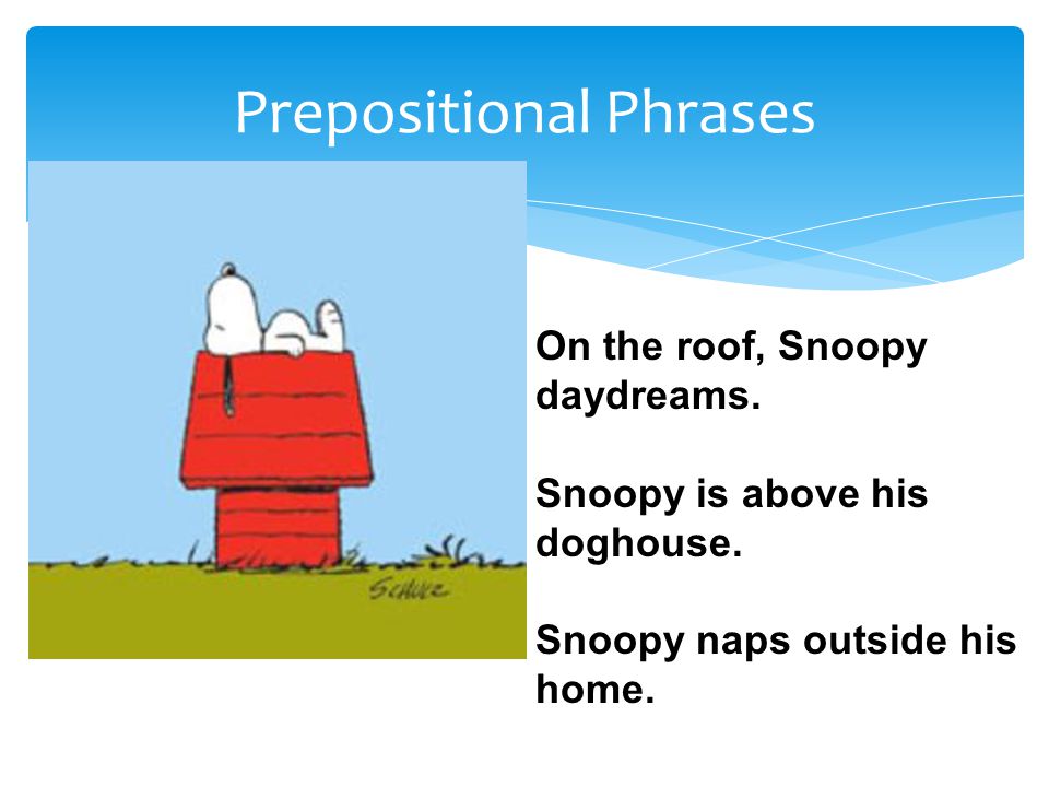 Prepositional Phrases On the roof, Snoopy daydreams.