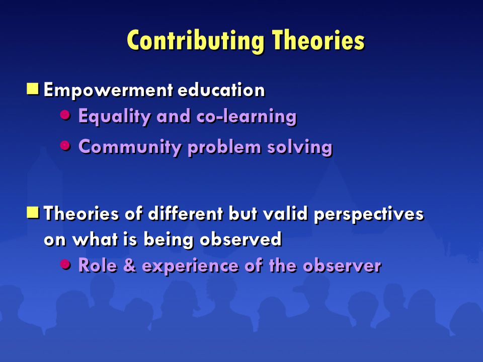 Equality and co-learning Community problem solving Role & experience of the observer Equality and co-learning Community problem solving Role & experience of the observer  Empowerment education  Theories of different but valid perspectives on what is being observed  Empowerment education  Theories of different but valid perspectives on what is being observed Contributing Theories