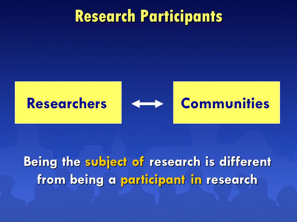 Research Participants ResearchersCommunities Being the subject of research is different from being a participant in research