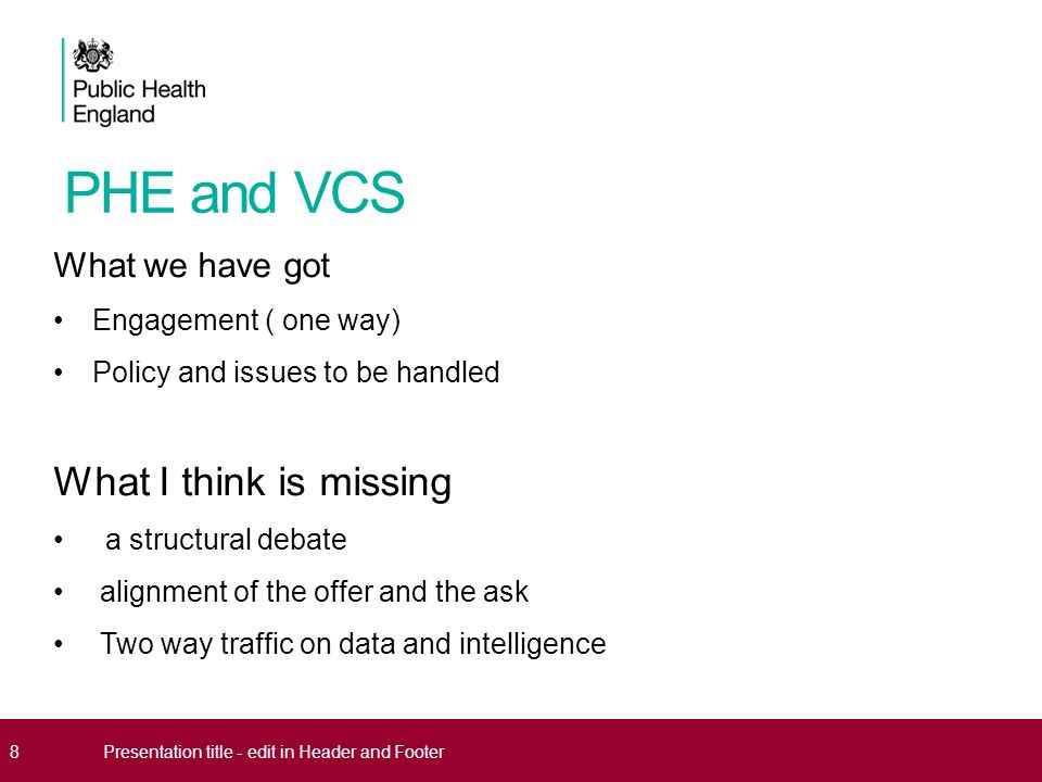 PHE and VCS What we have got Engagement ( one way) Policy and issues to be handled What I think is missing a structural debate alignment of the offer and the ask Two way traffic on data and intelligence 8Presentation title - edit in Header and Footer
