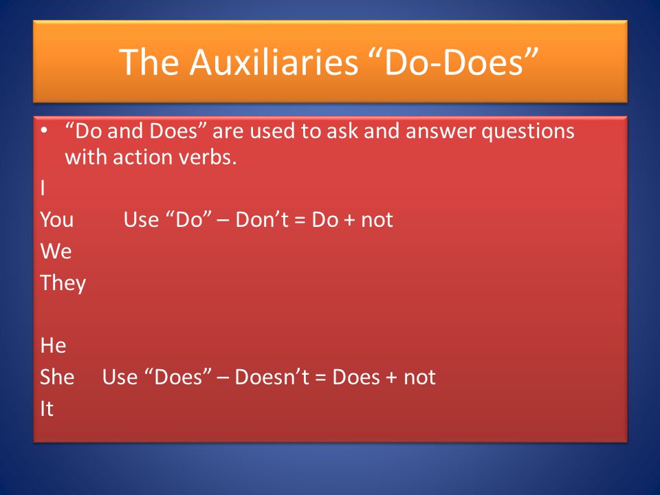 The Auxiliaries Do-Does Do and Does are used to ask and answer questions with action verbs.