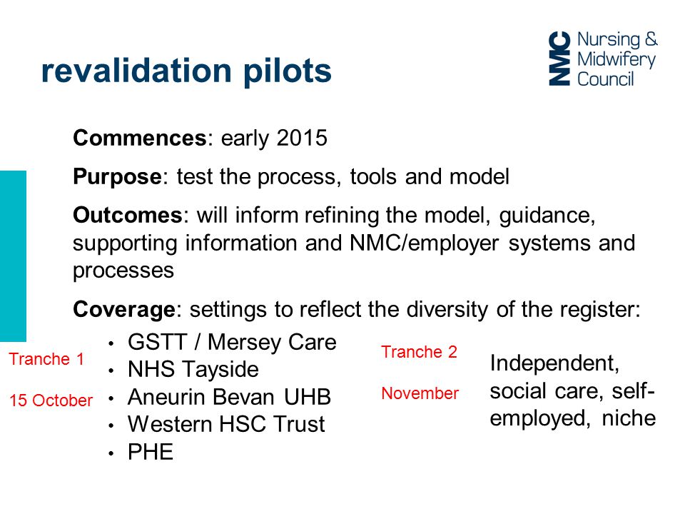Commences: early 2015 Purpose: test the process, tools and model Outcomes: will inform refining the model, guidance, supporting information and NMC/employer systems and processes Coverage: settings to reflect the diversity of the register: GSTT / Mersey Care NHS Tayside Aneurin Bevan UHB Western HSC Trust PHE revalidation pilots Tranche 1 15 October Tranche 2 November Independent, social care, self- employed, niche