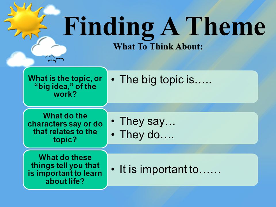 Finding A Theme The big topic is….. What is the topic, or big idea, of the work.