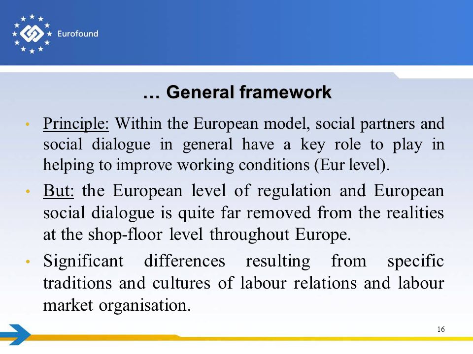 … General framework Principle: Within the European model, social partners and social dialogue in general have a key role to play in helping to improve working conditions (Eur level).