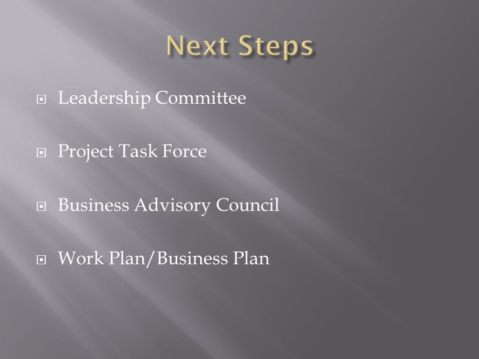  Leadership Committee  Project Task Force  Business Advisory Council  Work Plan/Business Plan