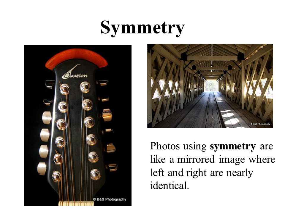 Symmetry Photos using symmetry are like a mirrored image where left and right are nearly identical.