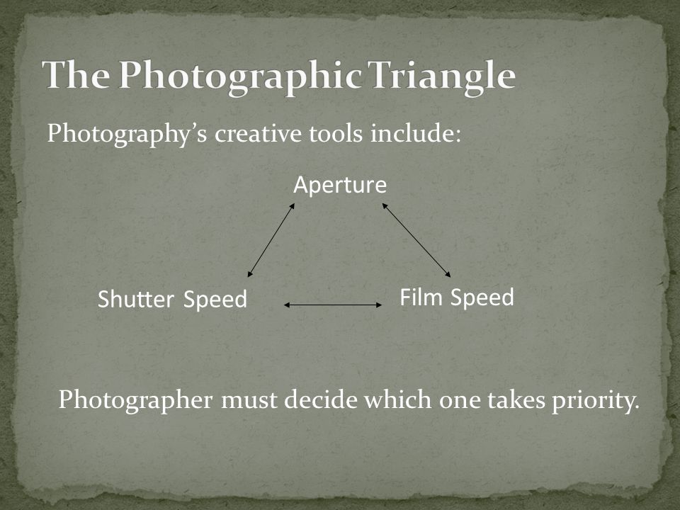 Aperture Film Speed Shutter Speed Photography’s creative tools include: Photographer must decide which one takes priority.