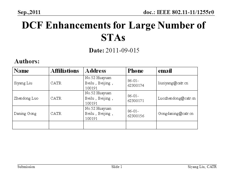 doc.: IEEE /1255r0 Submission Sep.,2011 Siyang Liu, CATRSlide 1 DCF Enhancements for Large Number of STAs Date: Authors: