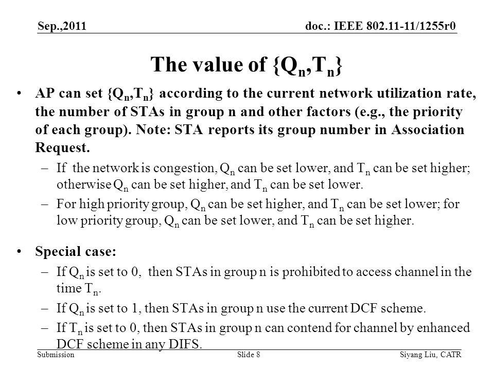 doc.: IEEE /1255r0 Submission The value of {Q n,T n } AP can set {Q n,T n } according to the current network utilization rate, the number of STAs in group n and other factors (e.g., the priority of each group).