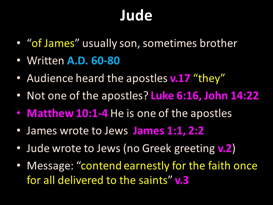 Jude of James usually son, sometimes brother Written A.D.