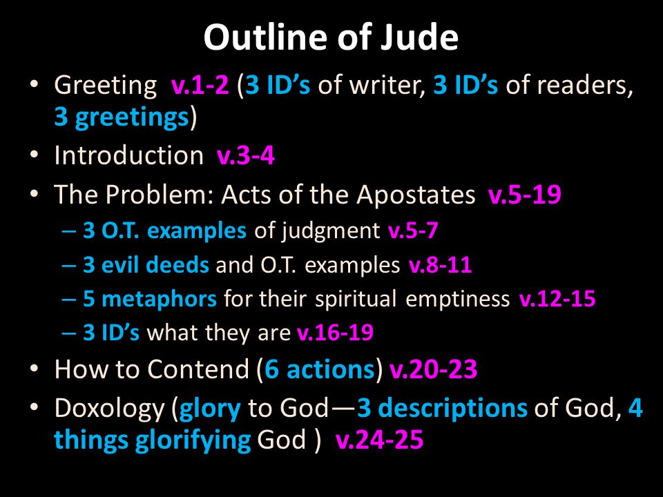 Outline of Jude Greeting v.1-2 (3 ID’s of writer, 3 ID’s of readers, 3 greetings) Introduction v.3-4 The Problem: Acts of the Apostates v.5-19 – 3 O.T.