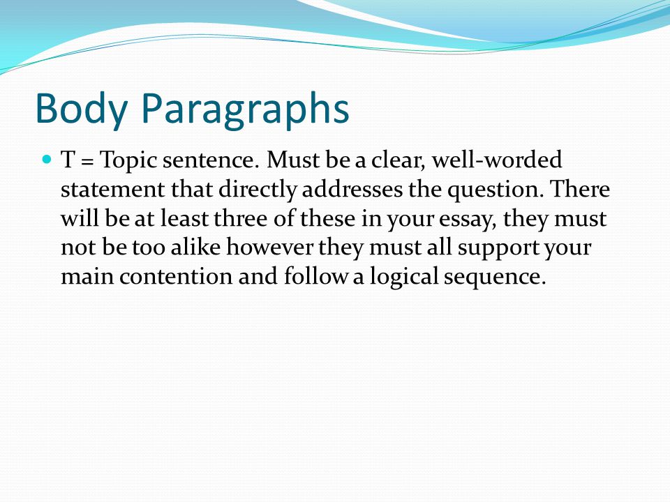 Introduction Express your main contention clearly in the opening line Elaborate upon your main contention, focusing on the key words and phrases from the question clearly linking them to the text If practical, discuss the social, historical and cultural context of the text Give an overview of your three main arguments