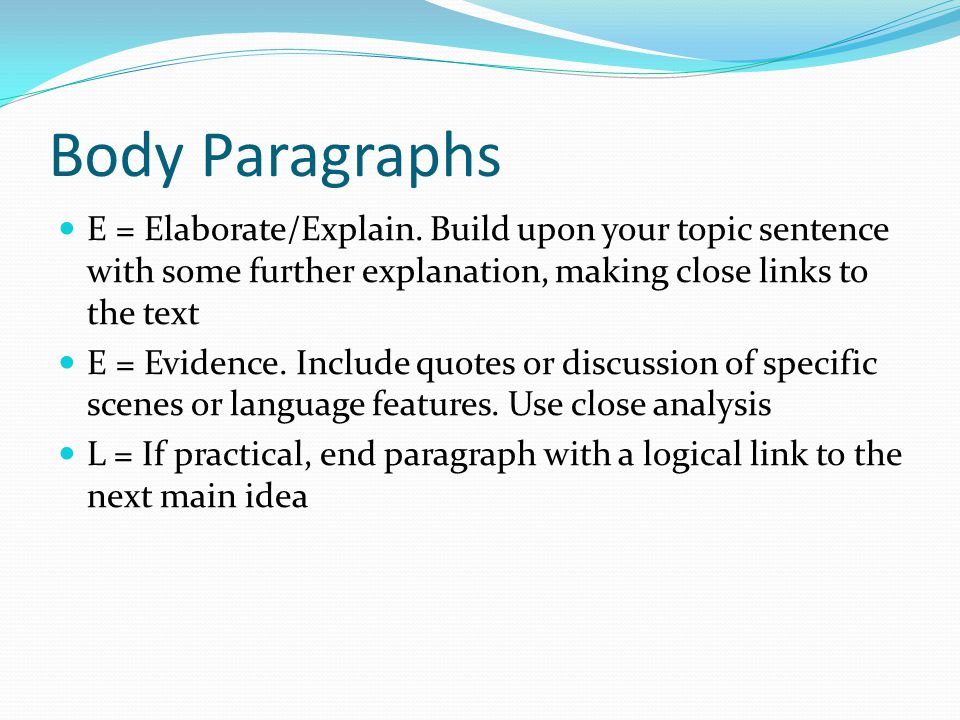 Body Paragraphs T = Topic sentence.